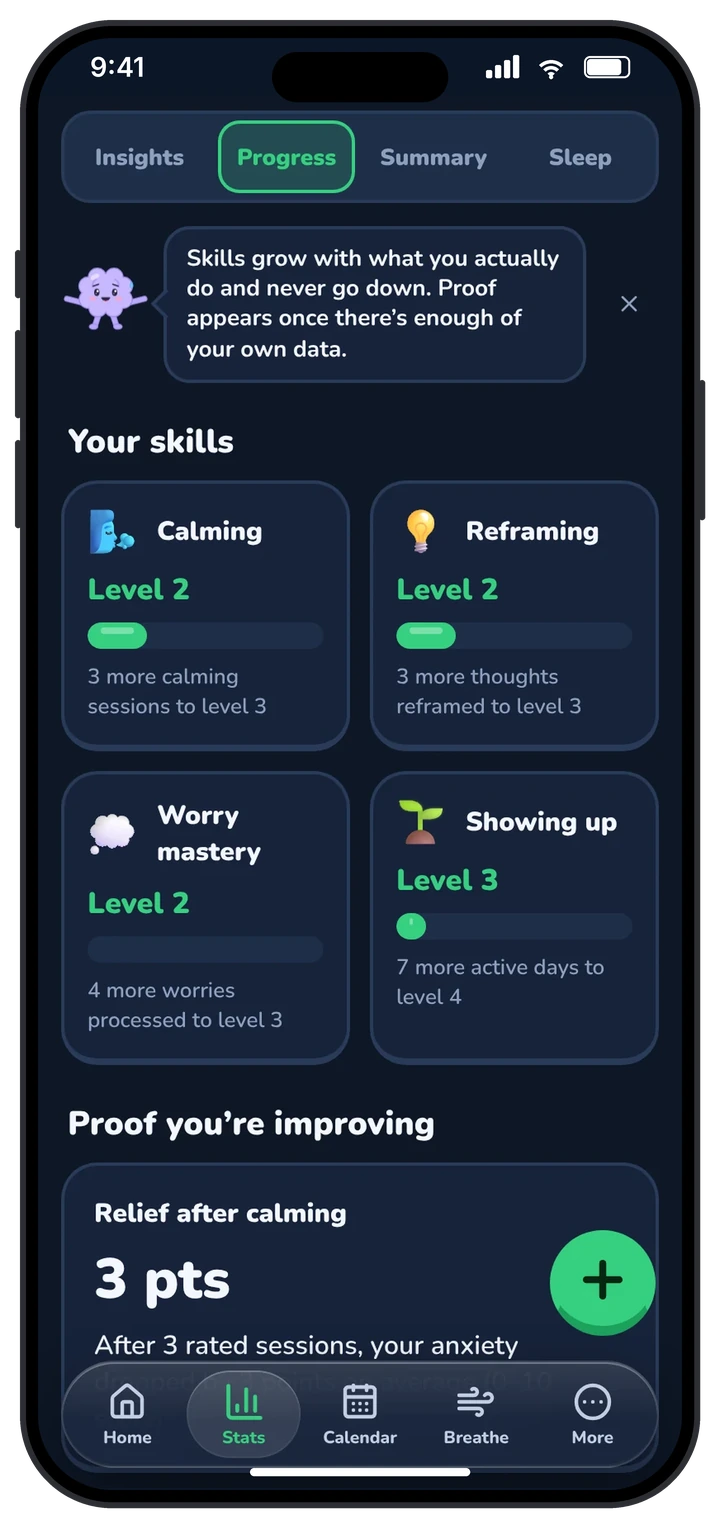 Brain Pal progress screen with skill levels