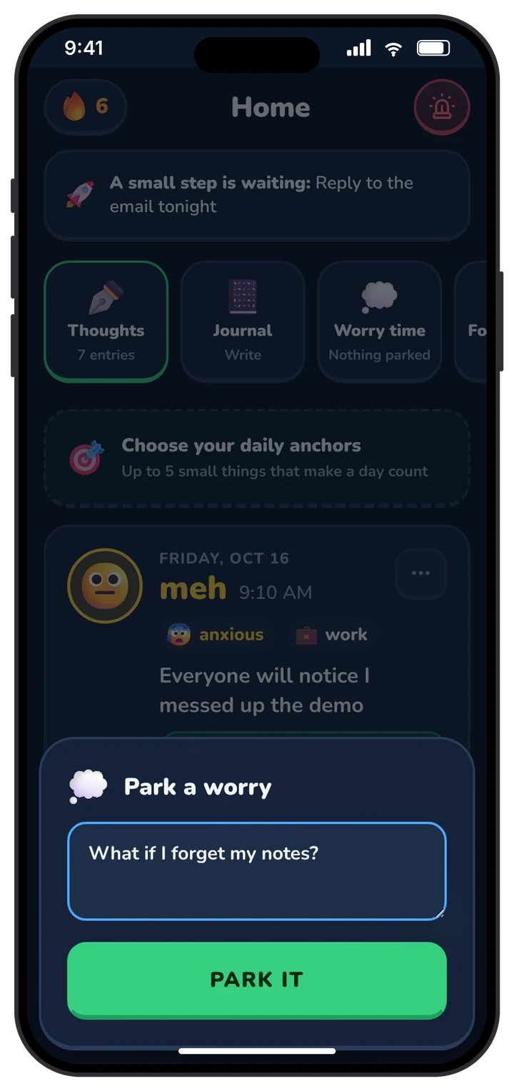 Brain Pal worry time screen with parked and reviewed worries